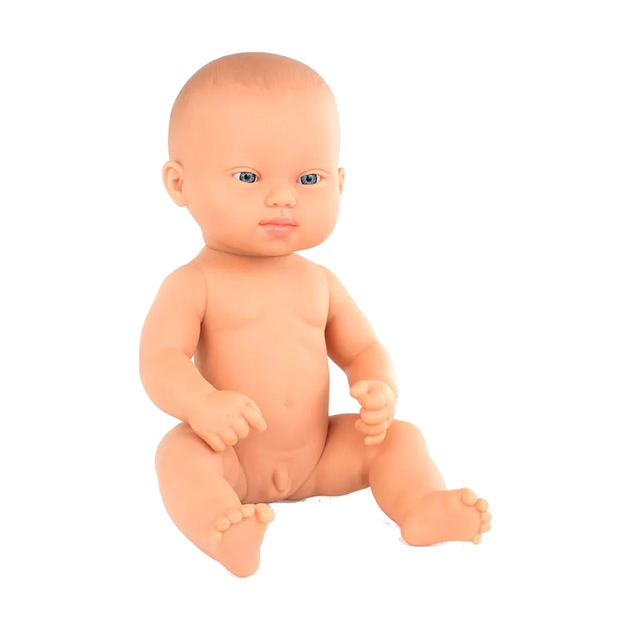 Weiße Babypuppe mit Downsyndrom